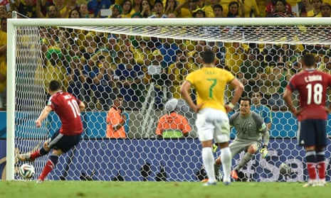 Colombia's midfielder James Rodriguez scores the penalty.