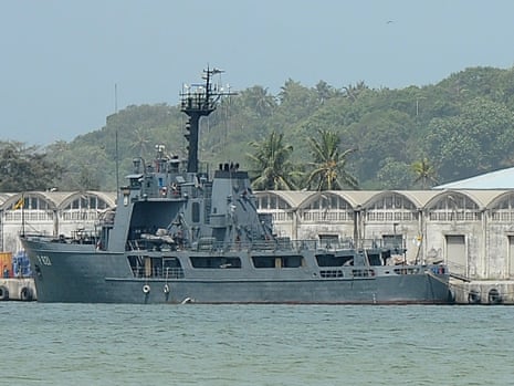 The Sri Lankan naval vessel the Samudra at anchor after transferring 41 asylum seekers whose boat was turned away by Australia
