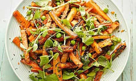 green peas and roasted carrots