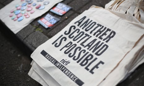Canvas tote bags for sale by Radical Independence Campaign activists while they canvass in favour of Scottish independence in Glasgow