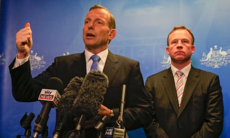 Prime Minister Tony Abbott (left) and Tasmanian Premier Will Hodgman speak to the media at the Hobart Traffic Management Centre in Hobart, Tasmania, Thursda