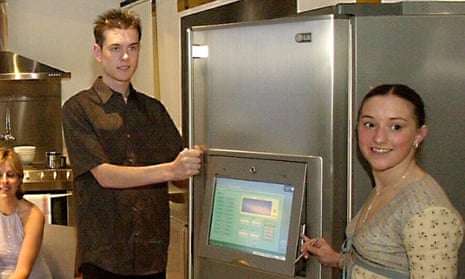 Steve Wilson and Charlie Parker pose with an internet fridge in 2002.