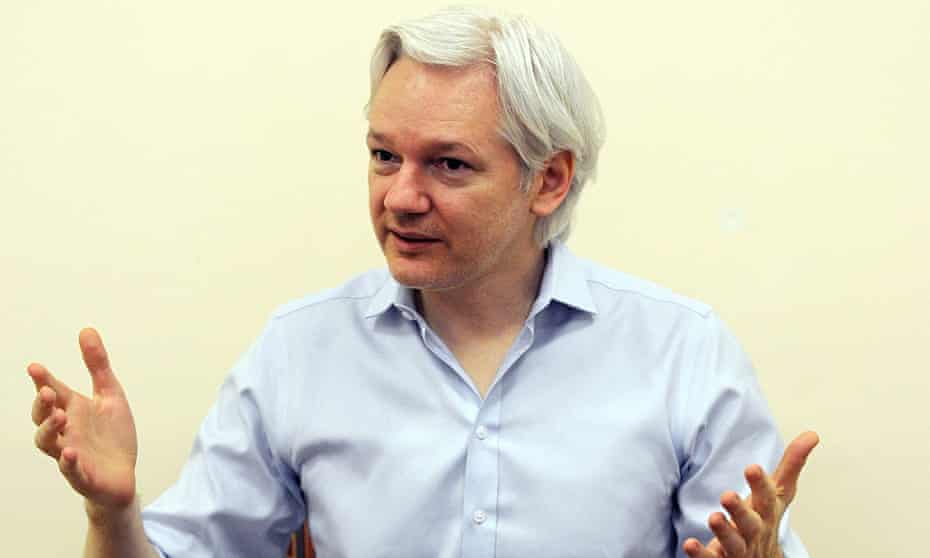 Wikileaks founder Julian Assange speaking to the media inside the Ecuadorian embassy in London.