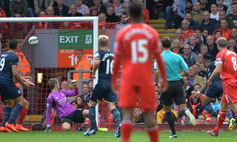 Southampton's Nathaniel Clyne scores against Liverpool in the Premier League game at Anfield
