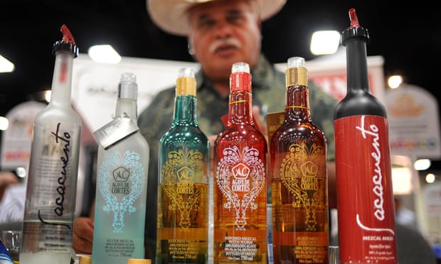 Mezcal bottles lined up at the Expo Comida Latina trade show in San Diego, California.