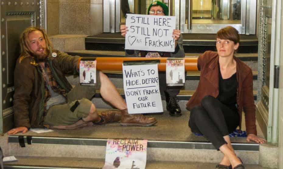 Activists from anti-fracking group No Dash for Gas have superglued themselves to the entrance of the Department of Environment, Food and Rural Affairs.