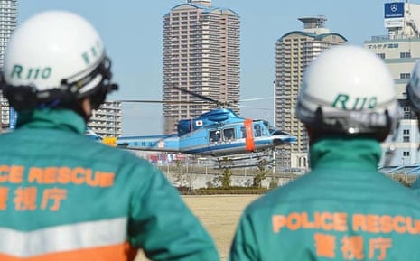 A rescue helicopter at Tokyo Rinkai disaster prevention park, the HQ for large-scale disaster prevention across the Tokyo metropolitan area.