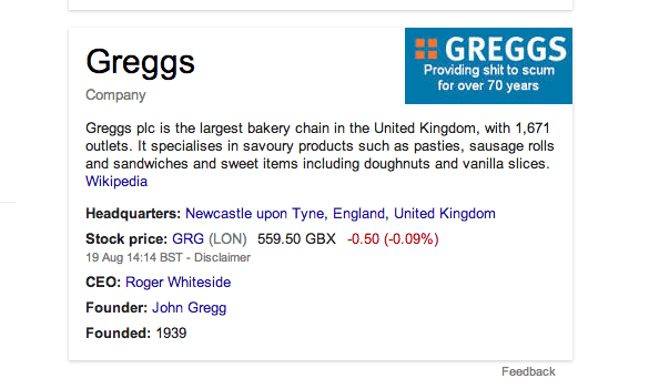 The logo which appeared when searching for Greggs using Google search.
