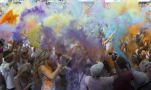 Festival Goers and the powder drop at Holi One festival, Wembley Park, London