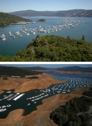 Full water levels at the Bidwell Marina at Lake Oroville compared with much lower levels now.