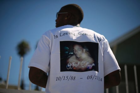 Lavell Ford wears a T-shirt protesting the fatal police shooting of his brother Ezell Ford, who died during a confrontation with police in south Los Angeles.