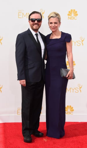 Actor Ricky Gervais  (L) and Jane Fallon attend the 66th Annual Primetime Emmy Awards held at Nokia Theatre L.A. Live on August 25, 2014 in Los Angeles, California.