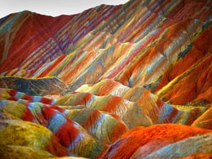 Rock formations at the Zhangye Danxia Landform Geological Park in Gansu Province, China.