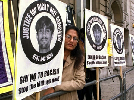 Sukhdev Reel outside her son Ricky's inquest, 1999.