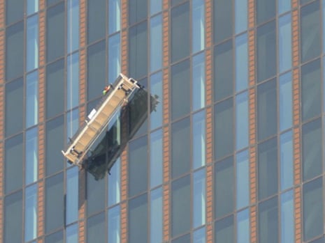 Two window cleaners were trapped 144 metres from the ground on the 48 floor in their platform at the front of the 'DC-Tower,' Austria's highest skyscraper, in Vienna.