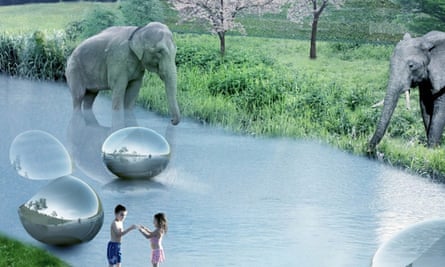 Floating pods … Visitors will come face to face with animals, touring the park in mirrored capsules.