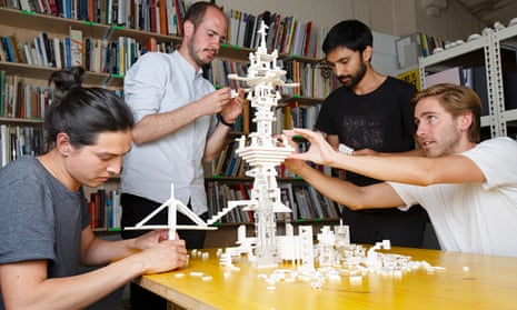 Oliver Wainwright (right) and friends trying out the Lego Architecture Studio