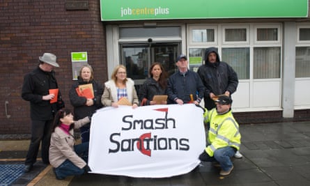 A demonstration against benefit sanctions, at Bootle job centre, Merseyside.