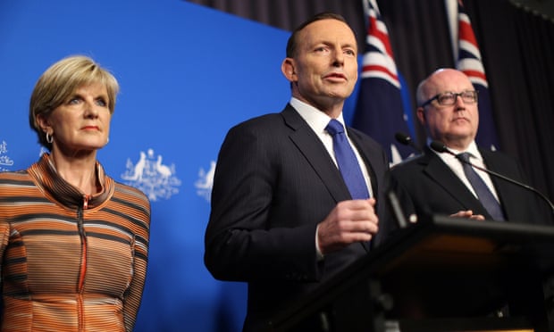 Tony Abbott speaking at a joint press conference with foreign minister Julie Bishop and attorney general George Brandis on Tuesday announcing the new anti-terrorism measures.