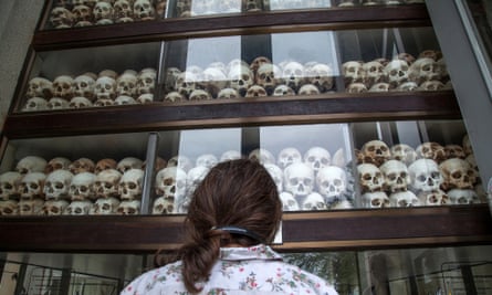A stupa commemorating Cambodia's Choeung Ek Killing Fields filled with thousands of skulls of victims of the Khmer Rouge regime.