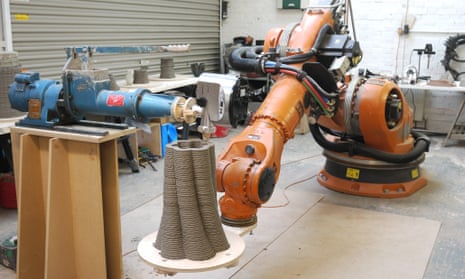 Clay robotics … A sausage-maker, pug mill and robotic arm are hacked together to produce clay moulds for architectural casting on Grymsdyke Farm.