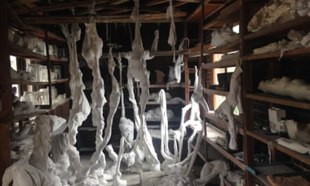 Fungal forms … Guan Lee's casting experiments hang from the barn's rafters.