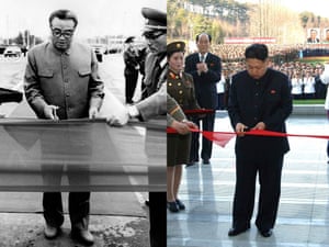 This 1983 photo shows former leader Kim Il-Sung cutting the tape at the formal opening of the Bridge of Allegiance in Taedong in Pyongyang. Fast forward 30 years his grandson cuts a ribbon at the opening ceremony of the Exhibition of Arms and Equipment of the Korean People's Army held to celebrate the centenary of Kim Il-Sung's birth.