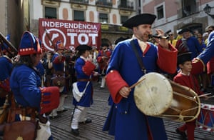 Musicians dressed as soldiers of the year 1714 perform during a tribute to the Catalan victims of War of Succession at the Fossar de les Moreres square as part of Catalonia National Day (Diada) on September 11, 2014.