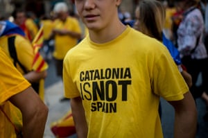 A man wears a pro-independence T-shirt during National Day celebrations in Barcelona