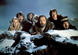 Agneta Eckemyr, David Hartman, Mako, Donald Sinden, David Hartman and Jacques Marinin the film 'The island at the top of the world" 1974