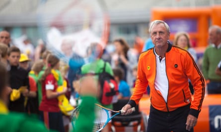 Johan Cruyff plays a game of tennis on the annual Open Day of the Johan Cruyff Foundation.