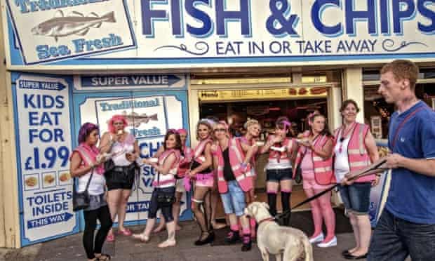 A hen party stops for fish and chip in Blackpool.