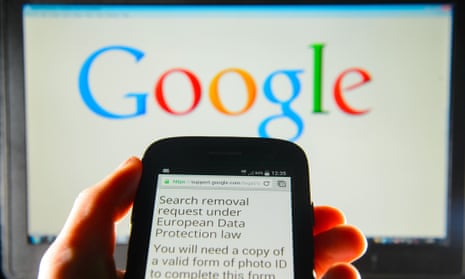 Google search removal request displayed on the screen of a smart phone