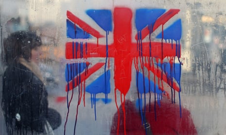 Paint runs on a union flag painted on glass.