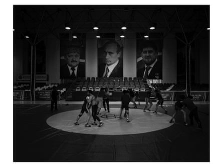 Wrestling training in the central gym. The portraits in the background show (left to right): Akhmad Kadyrov, Vladimir Putin and Ramzan Kadyrov
