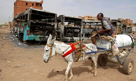 Donkey cart passes burned buses 