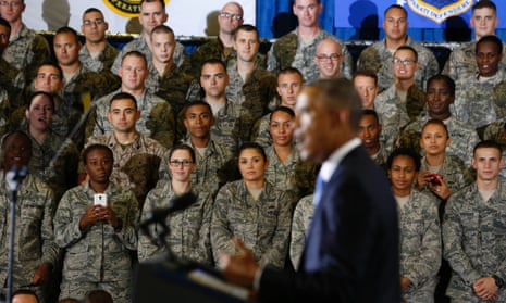 Military personnel listen as President Barack Obama speaks. central command