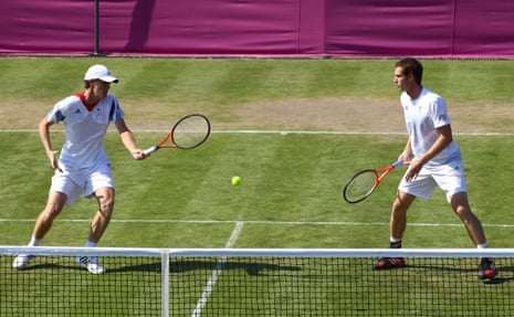 Jamie Murray (left) and brother Andy of Team GB during a practice session ahead of the London 2012 Olympic Games at Wimbledon.