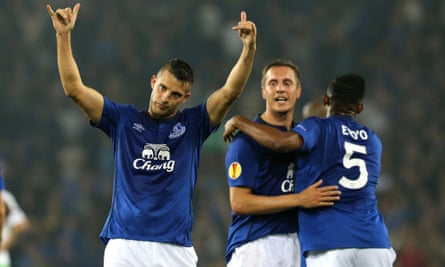 Kevin Mirallas and Everton celebrate during their win over Wolfsburg.