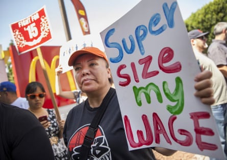 Fast-food workers protest outside a California branch of McDonald’s.