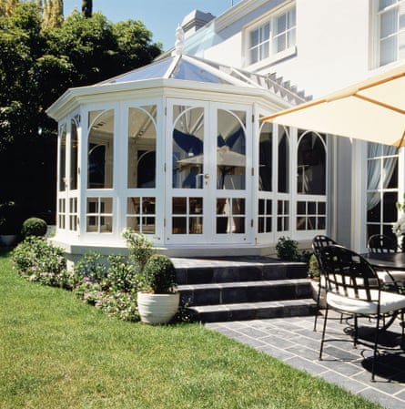 Conservatory outside patio chair umbrella lawn steps