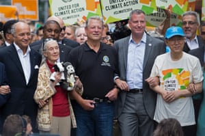 From left, French Foreign Minister Laurent Fabius, primatologist Jane Goodall, former U.S. Vice President Al Gore, New York Mayor Bill de Blasio, and  U.N. Secretary General Ban Ki-moon participate in the March