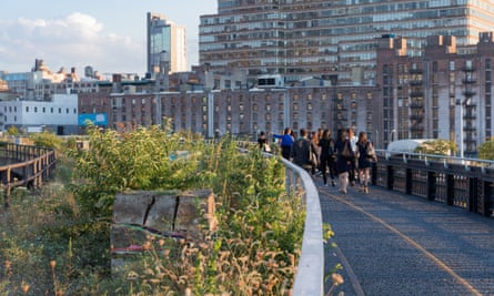 A view looking south east along the Interim Walkway at The Rail Yards. In the foreground is an art installation by Adrián Villar Rojas, commissioned by The High Line.