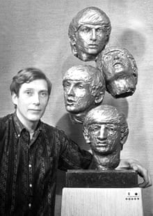David Wynne in 1964 with his bronze heads of the Beatles.