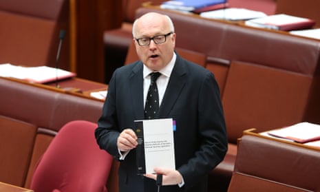 Attorney general George Brandis during debate on National Security Legislation in the senate chamber on Wednesday.