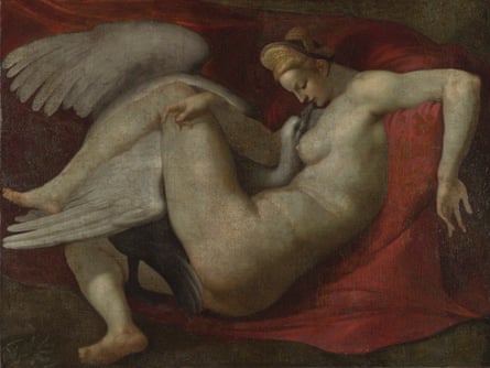After Michelangelo  Leda and the Swan (After 1530) National Gallery, London There are strong hints of homosexuality as well as fellatio in this depiction of Leda making love to a swan. In ancient myth, Jupiter took the form of a swan to seduce Leda. Such myths were transformed by Renaissance artists such as Titian into alluring sensual painting. Michelangelo provocatively makes the coupling real. The model for Leda was his assistant Antonio Mini. The work barely conceals Michelangelo’s fantasy – or record – of his own penis meeting Mini’s mouth.