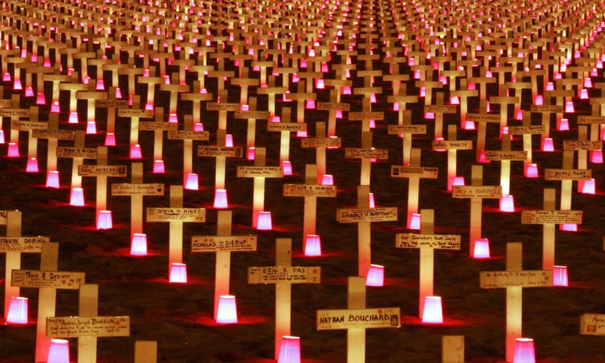 A candlelight vigil in 2007 at the Arlington West Memorial in Santa Barbara, California, to honour American soldiers killed in the Iraq war.