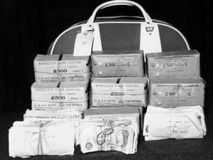 Thames Valley police handout photo of part of the  2.5 million stolen by the Great Train Robbers forty years ago, that went on display today at an exhibition at Thames Valley Police's museum in Sulhamstead, near Reading.
