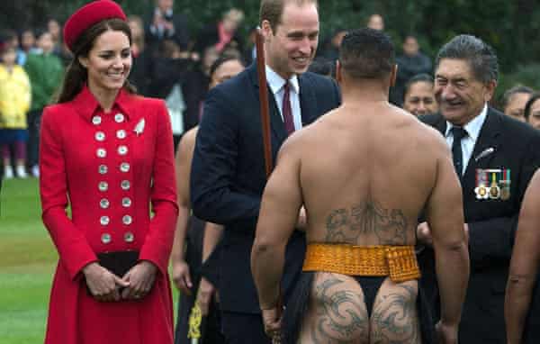 Prince William and his wife Catherine meet a Maori warrior during a welcoming ceremony.