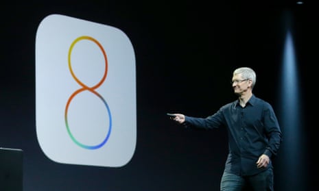 Apple CEO Tim Cook speaks about iOS 8 at the Apple Worldwide Developers Conference in San Francisco.